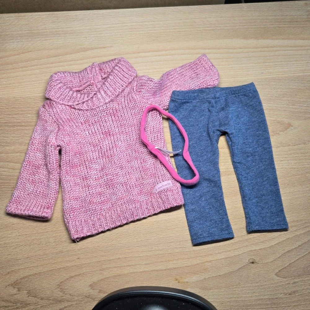 American Girl Cozy Sweater Outfit Pink Knit Turtleneck Blue Leggings Headband